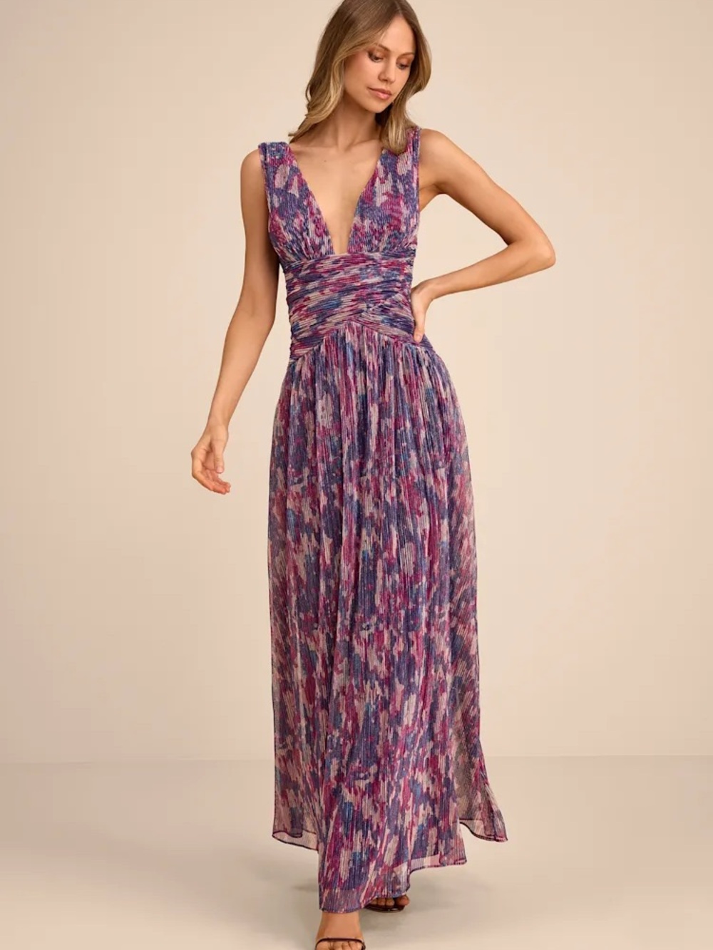 Lulu's Purple and Pink V-Neck Pleated Maxi Dress